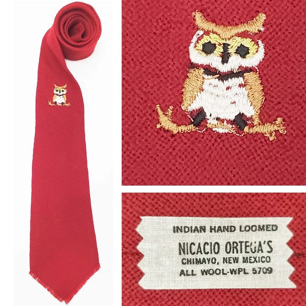 RARE Chimayo Mens Indian Hand Loomed Wool Neck Tie with Owl Embroidery